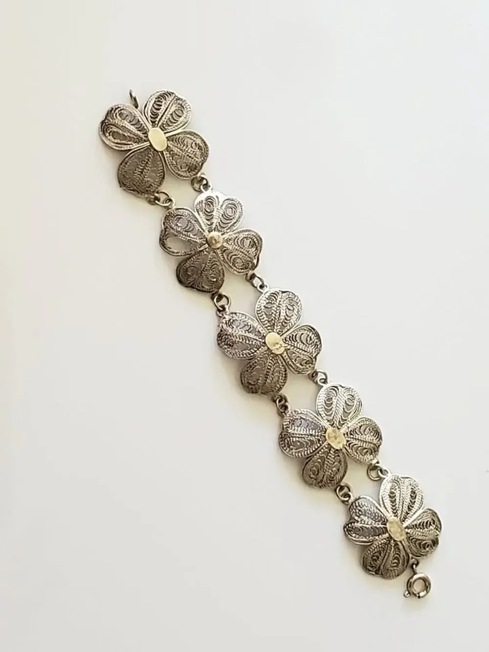Vintage Silver Filigree Four Clover Link Bracelet – 6.25 in